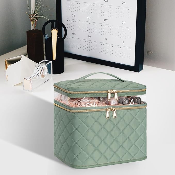 Large Makeup Bag, Double Layer Makeup Bag, Vertical Storage Cosmetic Case for Women/Girls with Multiple Compartments-Green