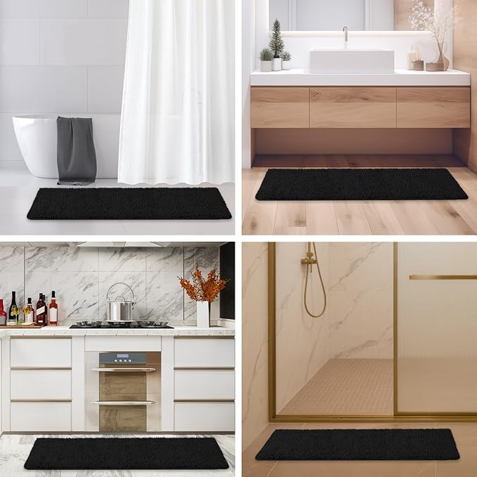 Bathroom Runner Rug 47 x 17 Inch – Long Bath Mat | Absorbent and Washable Thick Chenille Bath Rug Non-Slip Runner Rug for Bathroom, Shower, Sink(Black)