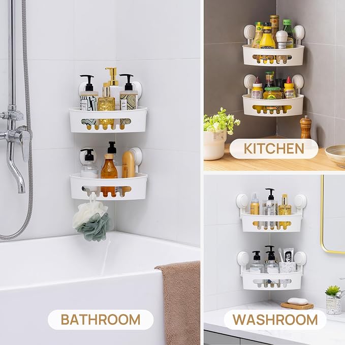 Corner Shower Caddy Suction Cup, shower shelves suction cup, White | 2 Pack Basket Bathroom, Waterproof & Oil-proof Organizer,No-Drilling Removable