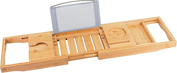 Utoplike Bamboo Bathtub Caddy Tray for Tub, Adjustable Bath Table | Bathroom Organizer with Book Tablet, Wine Glass Cup, Towel Holder