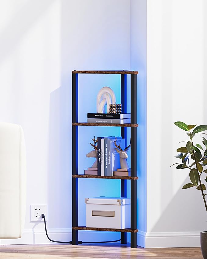 TUTOTAK Corner Shelf, 4-Tier Corner Bookshelf for Small Space | Narrow Display Corner Shelf Stand with Storage Rack, for Living Room, Bedroom, Rustic Brown BS05BB004L