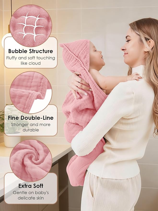 Muslin Hooded Baby Bath Towels - 3 Pack 100% Cotton Ultra-Soft Towels for Newborns, Infants, Toddlers - 32x32 Inch - Highly Absorbent, Quick-Dry Essentials for Bath Time, Beach, Pool, Sakura Series