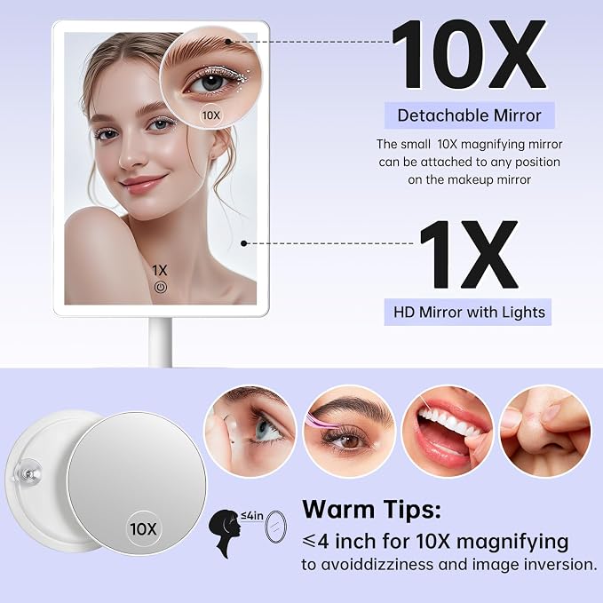 FUNTOUCH 4500mAh Large Makeup Vanity Mirror with Lights & 96 LED,White | Rechargeable Lighted Makeup Mirror with 10x Magnifying Mirror,3 Color Lighting 360°Rotation Touch Dimmable with Phone Holder