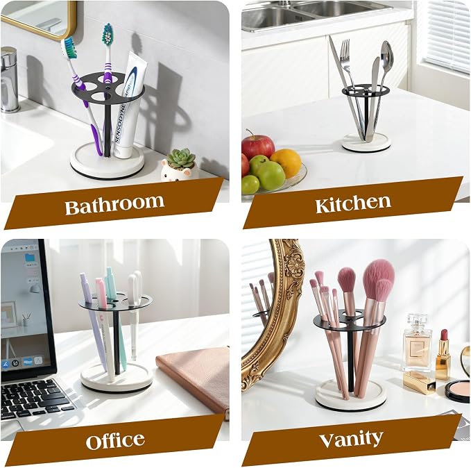 Luxspire Toothbrush Holder Stand 5 Slots, Matte Black | Stainless Steel Tooth Brush Holder with Diatomaceous Earth Base, Toothbrush Holders for Bathrooms