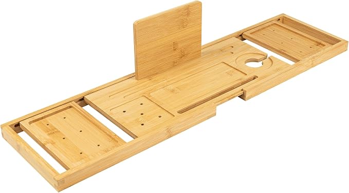 Utoplike Bamboo Bathtub Tray Caddy for Tub, Bath Table Bathroom Organizer | Adjustable, with Book Tablet Stand, Wine Glass Cup, 2 Sliding Towel Holder