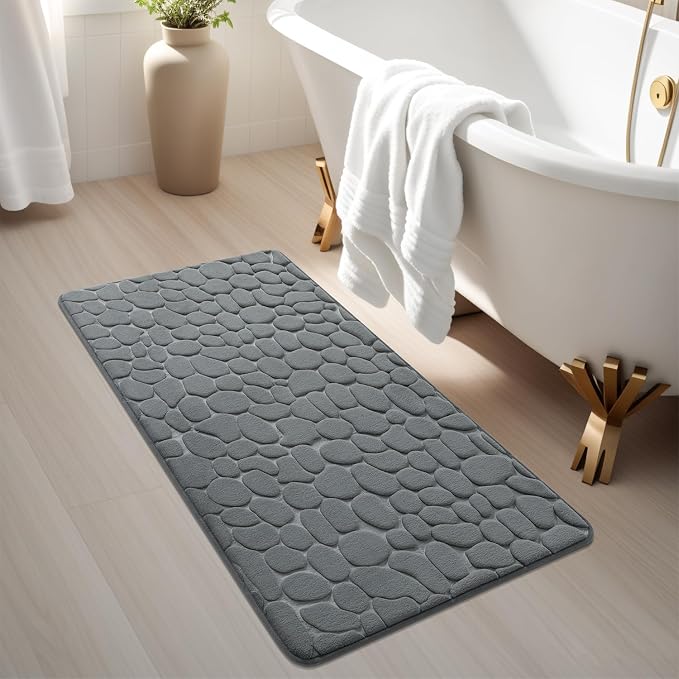 Memory Foam Runner Rug, Cobblestone Bathroom Runner Rugs Super Water Absorbent Bath Mats for Bathroom Machine Washable Bath Rugs for Hallway Bedroom Laundry Room(26 x 50,Dark Gray)