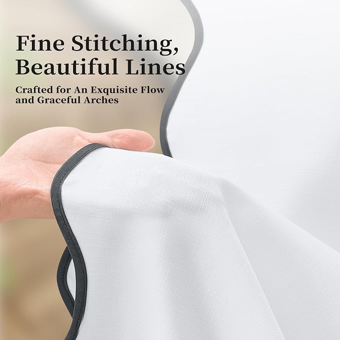 72x78 Boho Scalloped Linen Textured Cloth Shower Curtain Set, White | Long Size, 230GSM Waterproof Polyester, Heavy Duty Fabric, 12 Plastic Hooks, Elegant Modern Farmhouse Style, Machine Washable