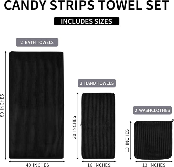 6 Piece Bath Towel Set, 40"x80" Oversized Bath Sheets, Black | Microfiber, Quick Dry, Highly Absorbent, Towels for Bathroom, 2 Extra Large Bath Towels, 2 Soft Hand Towels, 2 Washcloths