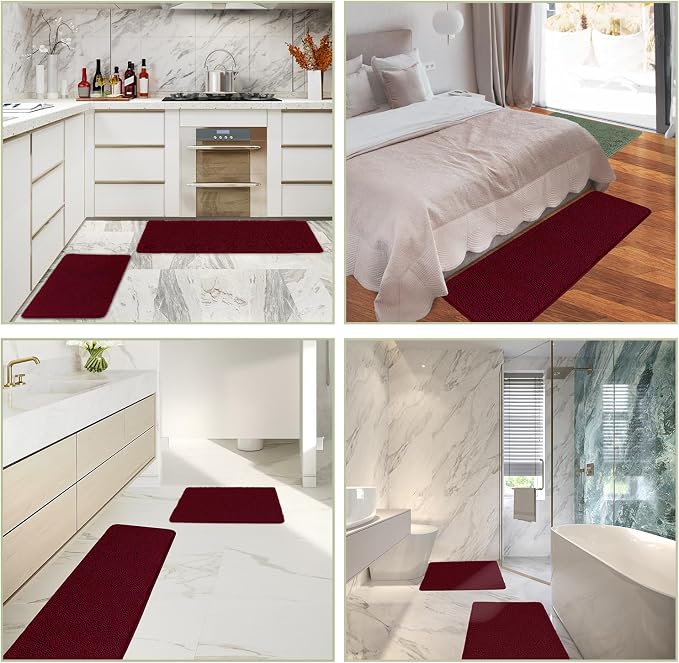 Vivid Burgundy Bathroom Rugs Sets 2 Piece – Absorbent and Washable Bath Mat, Non-Slip, Thick Soft Chenille Bath Rugs for Bathroom Floor, Shower, Sink - 17" x 24"+20" x 32"