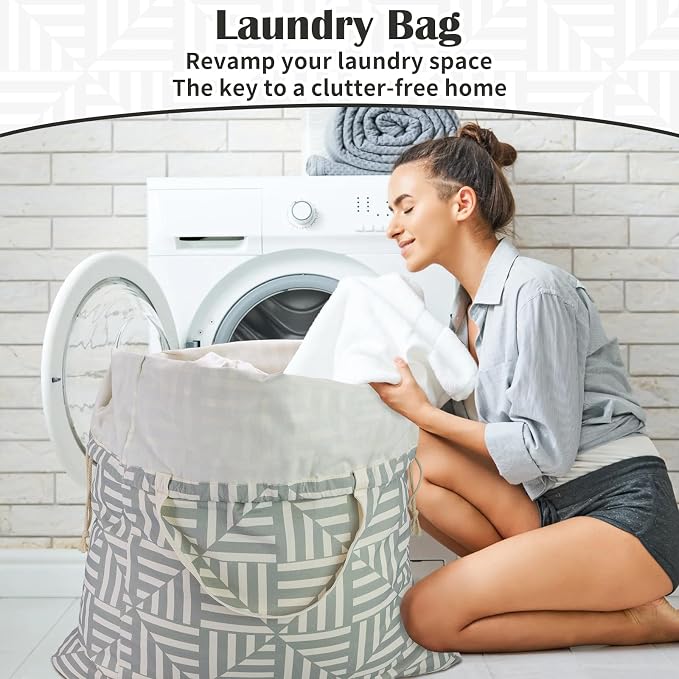Canvas Laundry Bag with Handles & Drawstring 30"Wx35"H, L+ Geometry Gray | Thick Canvas Storage Bag, Large Heavy Duty Washable Dirty Clothes Travel Sack, for Camp, College Dorm, Laundromat, 1 Pack