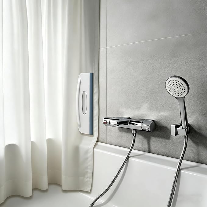 2-in-1 Shower Squeegee and Magnetic Shower Curtain Clips, All-in-One Silicone Squeegee for Glass Door with Splash Guard Clips, No-Drill Adhesive Water Guard for Bathroom, Gray/White, Pack of 2