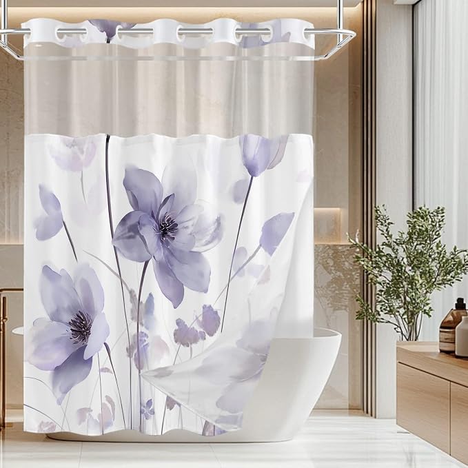 No Hook Shower Curtain and Liner Set, Purple Boho Floral 71x77 | Watercolor Boho Flower, with Snap in Liner, Mesh Top Window, Waterproof, Machine Washable, Quick-Drying, for Hotel Bathroom