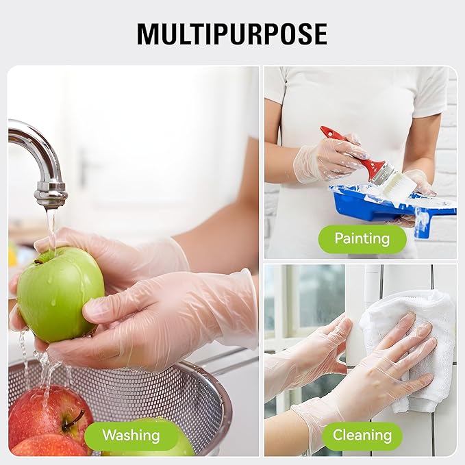 Disposable Vinyl Gloves, Food Safe | Latex-Free Powder-Free Clear Plastic Gloves for Cooking, House Cleaning, Food Prep