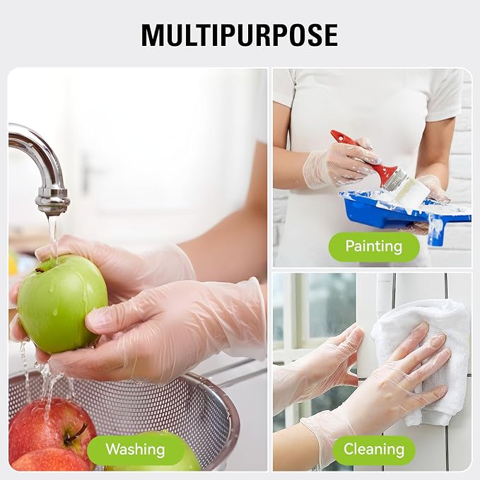 Disposable Vinyl Gloves, Food Safe | Latex-Free Powder-Free Clear Plastic Gloves for Cooking, House Cleaning, Food Prep