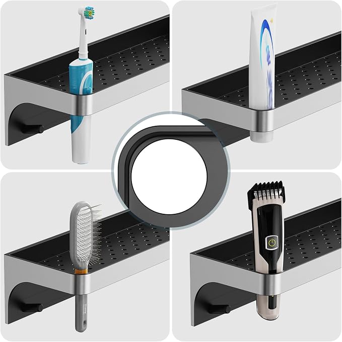 2 Pack Shower Caddy Adhesive with 5 Hooks & Drainage, No-Drill, Silver | Plastic Wall Bathroom Shelf Rack Organizer, Inside Shower Storage Holder for Bath Accessories, Rustproof Bathroom Shelves