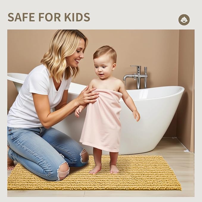Bathroom Rugs Non Slip Washable, Extra Thick Soft Chenille Absorbent Bath Mat, High Density Barrier Non Slip Backing, Quick Dry Plush Shaggy Floor Carpet for Tub&Shower 24x17, Yellow
