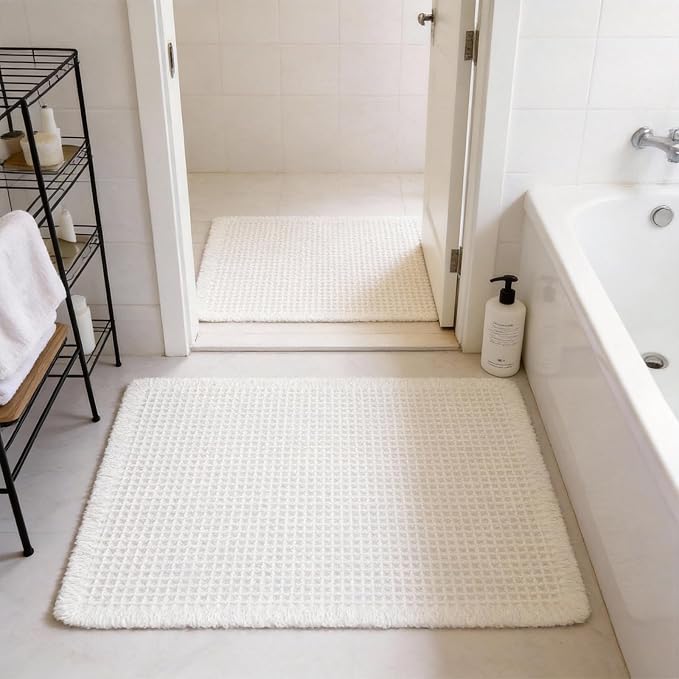 Set of 2 Waffle Bathroom Rugs, Large Non Slip Absorbent Waffle Knit Bath Mat for Shower Floor, Tub and Bathroom Door, Ultra Soft Quick Dry, Cream White, 17"x24"+18"x30"