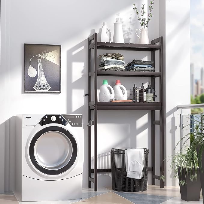 Over The Toilet Storage, Bamboo 3-Tier Over-The-Toilet Space Saver Organizer Rack, Stable Freestanding Above Toilet Stand with 3 Hooks for Bathroom, Restroom, Laundry, Espresso