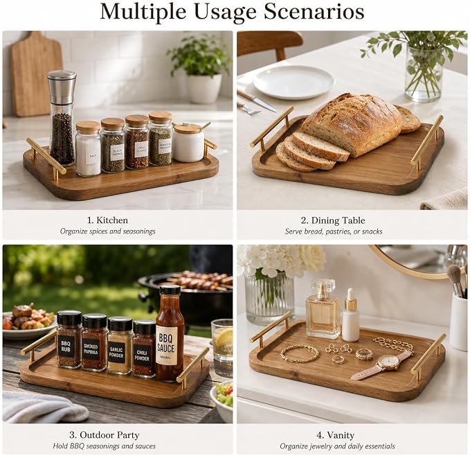 Bathroom Tray for Countertop Organizer,Vanity Tray with Gold Handle, Acacia Wood Tray for Bathroom Decor,Toilet Tank Tray, Multipurpose Organizer Rack for Lavatory Bathroom and Kitchen 11.8"X 7.8"