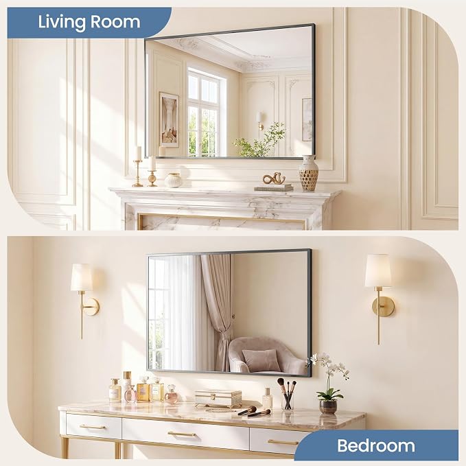 DUMOS Bathroom Mirror for Over Sink, 40"x30" Rectangle Wall Mount Mirror | Modern Vanity Mirrors with Tempered Glass and Metal Frame, Anti-Rust, Horizontal or Vertical for Home Decor, Black