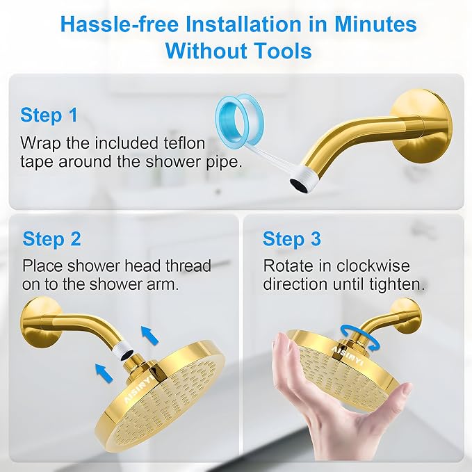High Pressure Rainfall Shower Head, 6 Inches Showerhead with Perfect Adjustable Replacement, Removable Restrictor, Easy Installation for Your Bathroom Shower Heads (Deluxe Gold + Shower Arm)