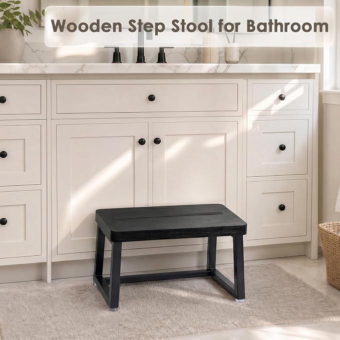 Wooden Step Stool for Adults Small Bed Step Stool with 500LB, Black | Small Step Stool, Heavy Duty, Non Slip, Anti Tipping, Adjustable Feet, Foot Stool for Kitchen Bedroom Bathroom Living Room