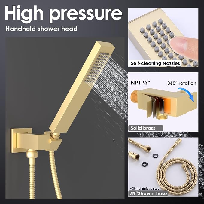 ENGA Shower System with Body Jets, 2 In 1 Functions Ceiling Mount 14x20inch LED Shower Head with 4 Body Jets, Rainfall Waterfall Shower Faucet Set, Brushed Gold