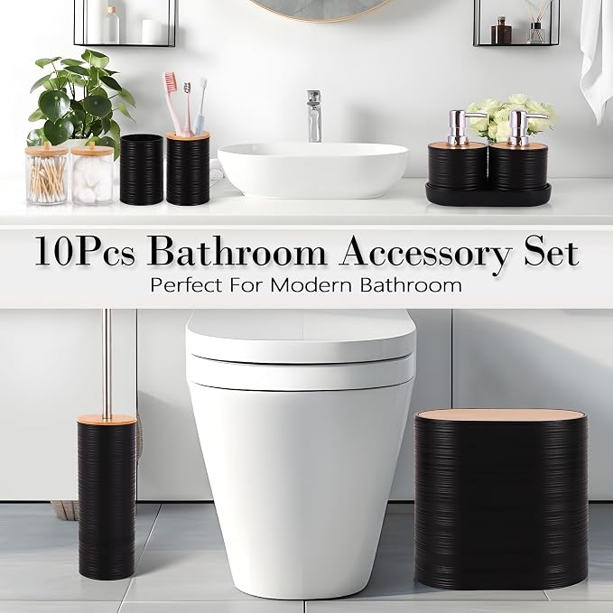 10 PCS Black Bathroom Accessories Set with Trash Can Bathroom Accessory | All-in-One Kit with Trash Can,Toothbrush Holder,Soap Dispenser,Toothbrush Cup,Vanity Tray,Soap Dish,Toilet Brush etc for Home