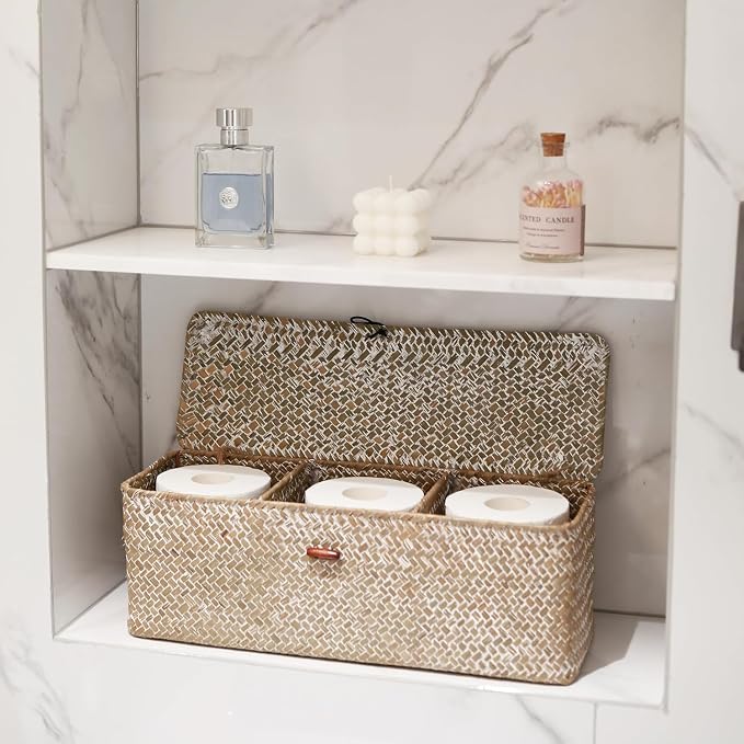Seagrass Storage Basket for Bathroom - Wicker Toilet Tank Basket with Lid - Woven Storage Box for Organizing (Whitewash, 16.5" x 5.5" x 5.5")