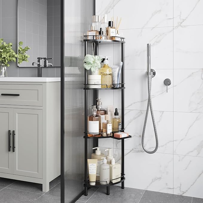 ELYKEN Corner Shower Caddy Standing, 4 Tier Metal Shower Organizer, Black | Stainless Steel Shower Shelves with Soap Holder, Adjustable Feet & 2 Hooks for Storing Bath Essentials in Bathroom corner