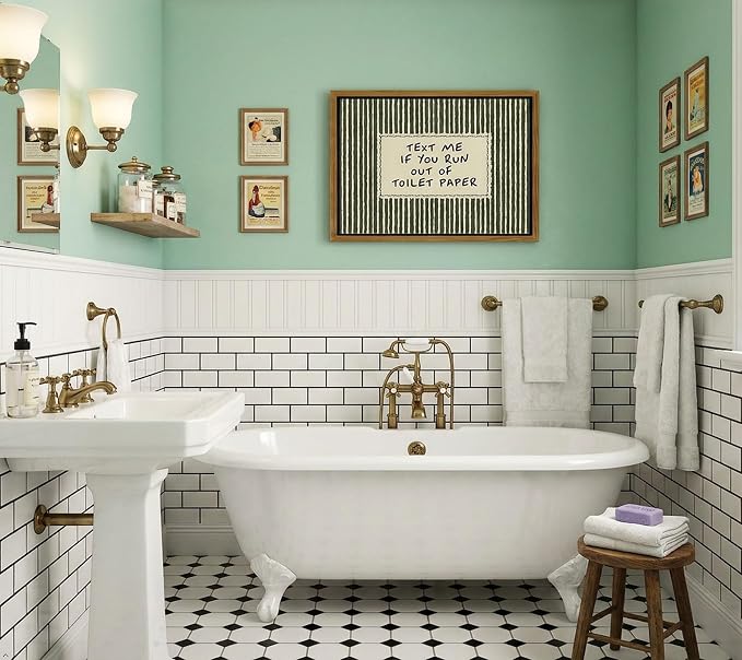 Floating Framed Funny Bathroom Quotes Canvas Wall Art, Text Me If You Run Out of Toilet Paper Poster Print Artwork, Vintage Stripe Bathroom Decor Picture, for Toilet, Restroom Home Decoration 12x16in