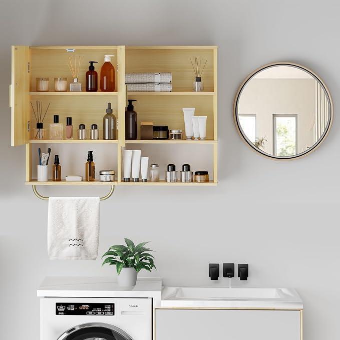 Bathroom Wall Cabinet Wood Large Wall Mounted Medicine Cabinet with 2 Doors and 4 Open Shelves Over Toilet Storage Cabinet Organizer with Towel Bar,Wood