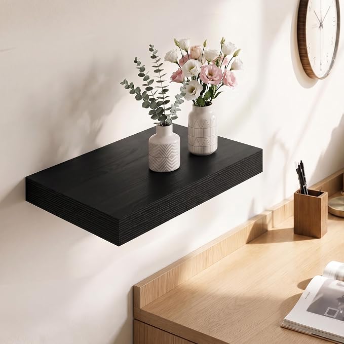 Deep Floating Shelves for Wall, 12 Inch Wide Small Wall Shelves Set of 2, 2 Inch Thick Invisible Wall Mounted Shelves for Bathroom Bedroom Nursery,Black
