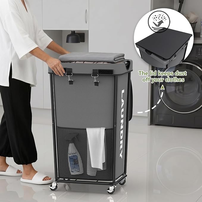 Laundry Hamper with Wheels and Lid, 110L Large Rolling Laundry Basket Gray | Heavy Duty Clothes Organizer, Sturdy Metal Frame, Lockable Swivel Casters, Removable Bag, For Bedroom, Bathroom, Laundry Room