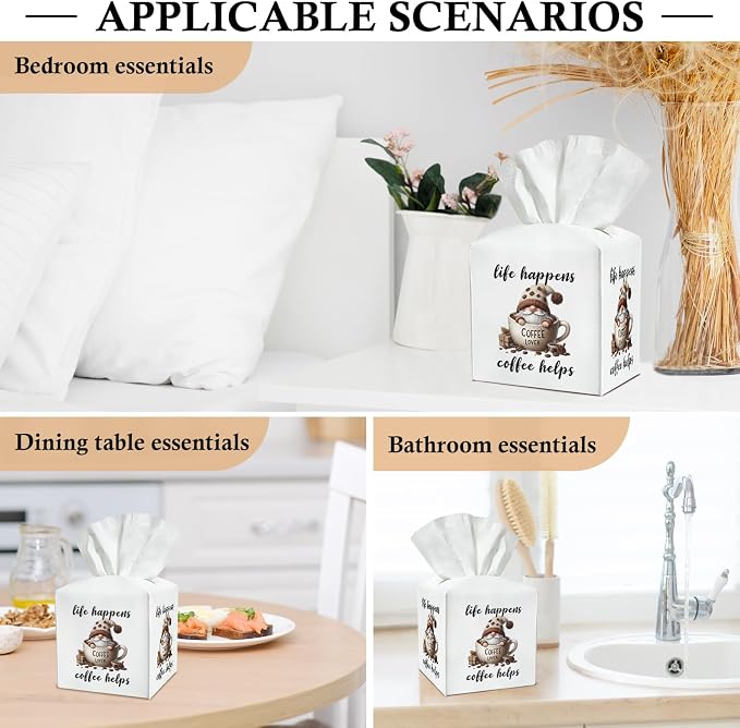 Coffee Gnomes Tissue Box Covers Square, Leather Tissue Box Holders Decorative for Home Kitchen Bar Station Organizer, Coffee Lover Gifts Square Facial Paper Organizer Home Decor -033