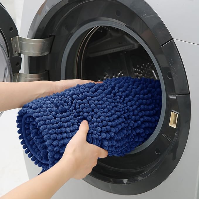 Extra Long Striped Denim Blue Bathroom Rug Mat 70"x24" Ultra Soft, Non Slip Chenille Bath Rugs, Absorbent Plush Shaggy Bath Mats for Bathroom, Bedroom, Kitchen, Shower, Tub