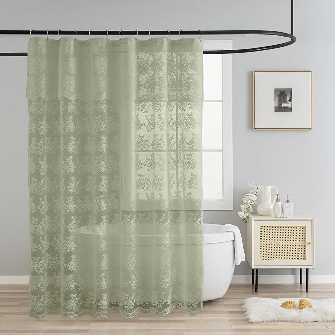TUDECO Extra Long Green Lace Shower Curtain for Bathroom, 72W x 84L Inch | French Country, Sheer Floral Pattern, Summer Decor, Scalloped Edges, Attached Valance, Reinforced Holes, Machine Washable