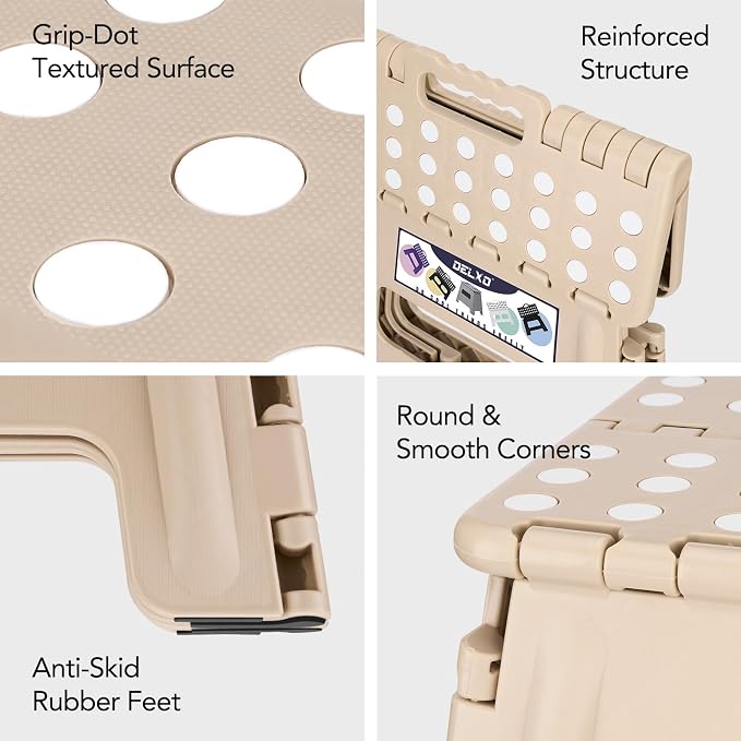 Delxo Folding Step Stool 13 Inch,300 Lbs Step Stool for Adults Khaki | Foldable Step Stool 13",Non-Slip Foot Stools with Handle,Lightweight Collapsible stools for Kitchen,Bathroom,Bedroom,Garden