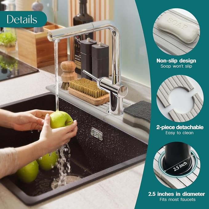 Stone Faucet Mat for Kitchen Sink โ Diatomite Drying Stone Mat & Sink Protector, Prevents Moisture โ Sink Splash Guard Water-Absorbing Stone Tray for Bathroom Counter (Light Grey, 20" x 3.9")