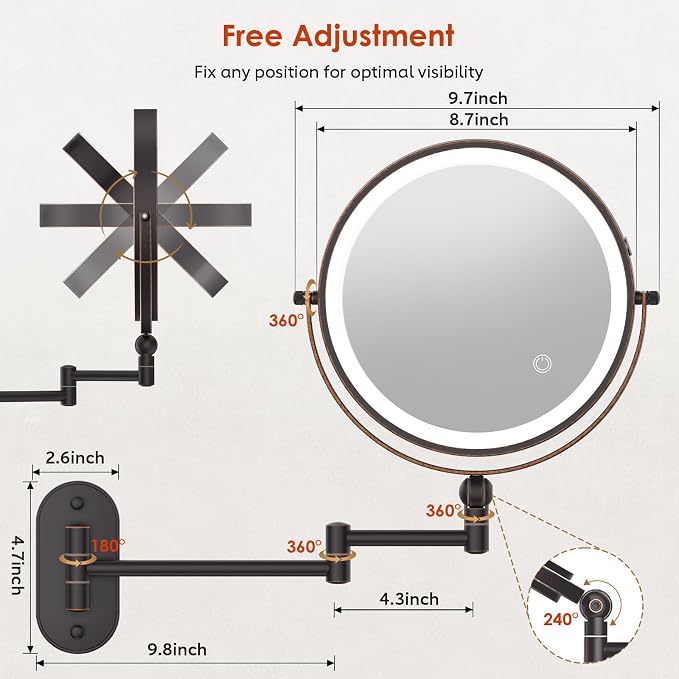 9" Wall Mounted Lighted Makeup Mirror,4000mAh Rechargeable Double Sided 1X/20X Magnifying Mirror with Light,Touch Dimmable,Extended Arm 360 Rotation Wall Mounted Makeup Mirror 3 Color Lights-Bronze