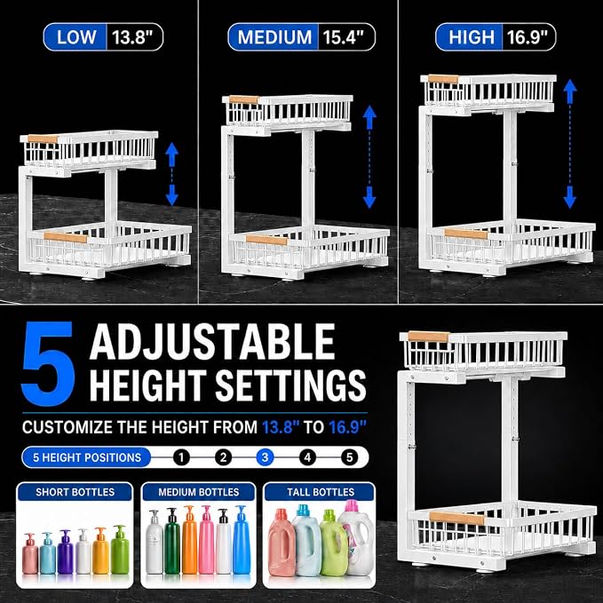 Under Sink Organizer 2 Pack, Double Slide Out Metal Shelf, White | Pull Out Kitchen Storage Cabinet Organizer, 2-Tier Under Sink Storage Rack for Bathroom Laundry Kitchen Storage with Drawer