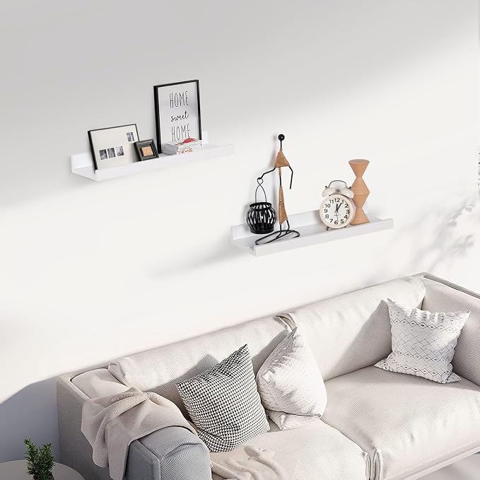 Muzilife 16" Wood Floating Shelves Wall Shelf with Lip, 2Pcs, White | FSC-Certified Wood | 20 lbs Capacity | Space-Saving | Hanging Shelf | Wall Decor| Bedroom,Living Room,Bathroom,Kitchen,Office