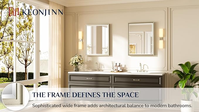 Keonjinn Brushed Nickel Bathroom Mirrors for Over Sink 24" x 30", Rectangle | Tempered Glass, Aluminum Alloy, Beveled Edge Mirror, Secure French Cleat, Transitional Decor, Framed Bathroom Vanity Mirrors