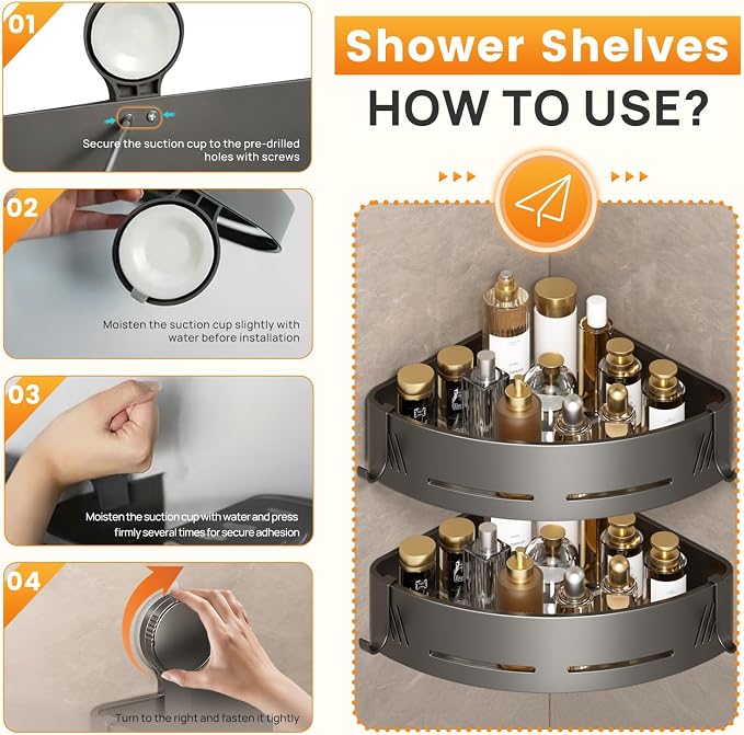 Triangular Corner Shower Caddy 2-Pack with Suction Cups and Hooks | Gun grey aluminum shower shelves for smooth corner walls; no drilling, suction cup mounting and built-in hooks