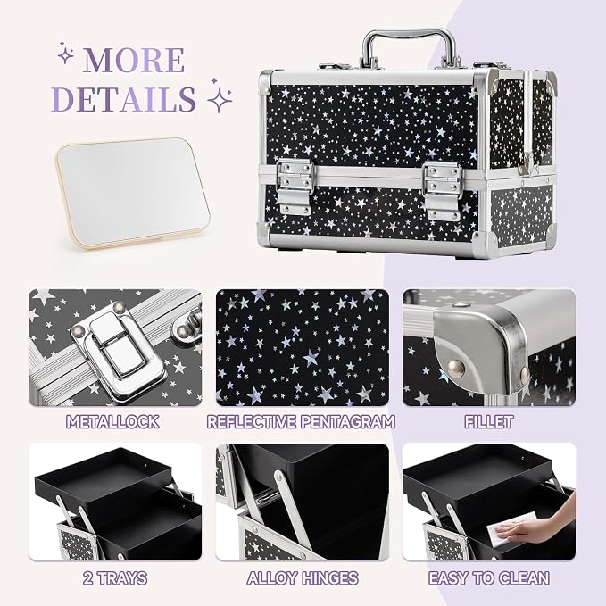 Leeora&Leekoo Makeup Train Case Cosmetic Box Portable Makeup Case Organizer 2 Trays Makeup Storage for Cosmetologist Aesthetic Supplies Nail Tech Traveling Makeup Box (Flashing Star)