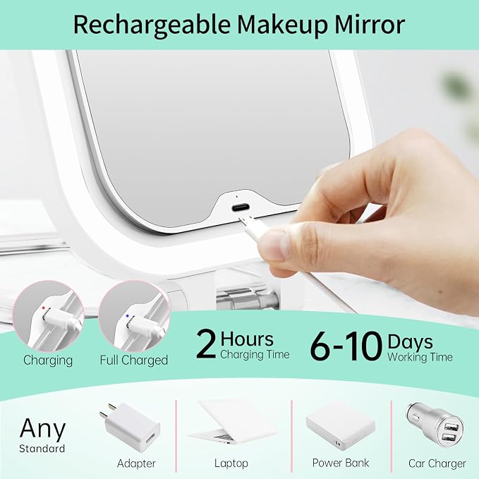 7" Rechargeable Travel Makeup Mirror 30X Magnification (White) | Lighted Portable Vanity Mirror with 3 Colors Lighting & Stepless Dimming, Double Sided LED Mirror, Gift for Women