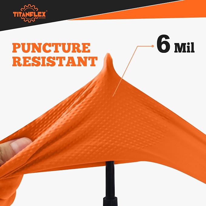 Heavy Duty Orange Nitrile Gloves, 6 Mil, Raised Diamond Texture, Mechanic Disposable Gloves, Latex Free Powder Free