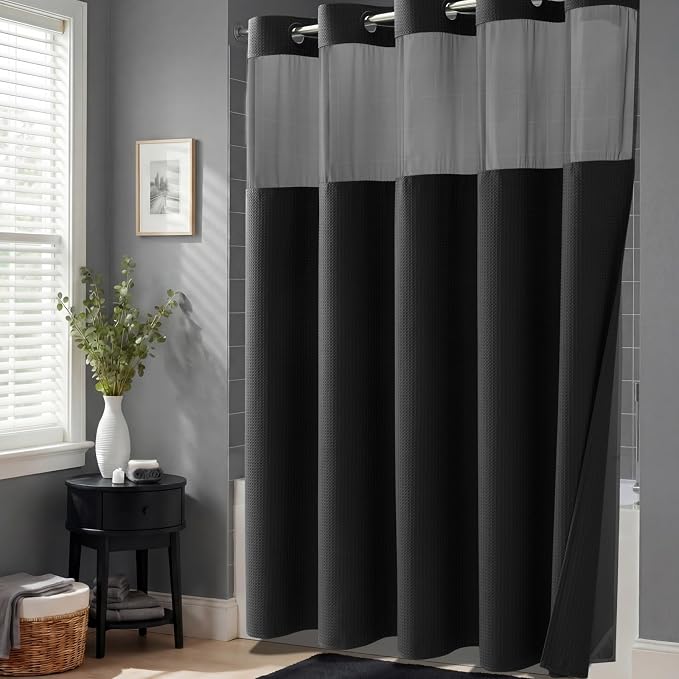 Black Hook Free Waffle Shower Curtain & Snap-in Fabric Liner,72x75 | Less Time to install, 3 in 1 Fabric Shower Curtain and Liner Set with Magnets, Mesh Top Window, Shower Curtains for Bathroom