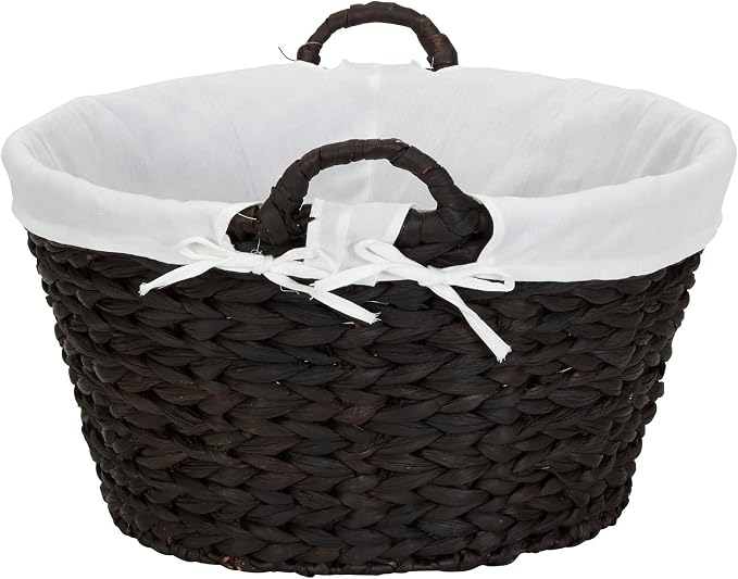 Household Essentials Round Wicker Laundry Basket with Handwoven Water Hyacinth, Metal Frame Support, and Removable Polyester Liner, Brown Finish and White