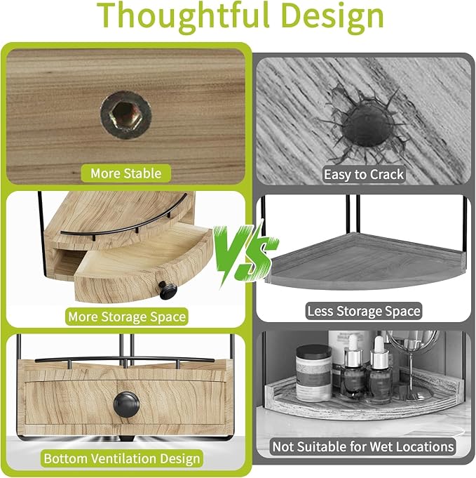 2-Tier Corner Bathroom Countertop Organizer with Drawer | Embedded Screw Holes, Space-Saving, Solid Wood Counter Shelf, for Makeup & Skincare Storage, Light Brown